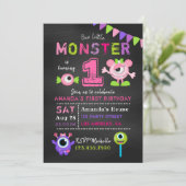 Chalkboard 1st Birthday Little Monster Girl Party Kaart (Staand voorkant)