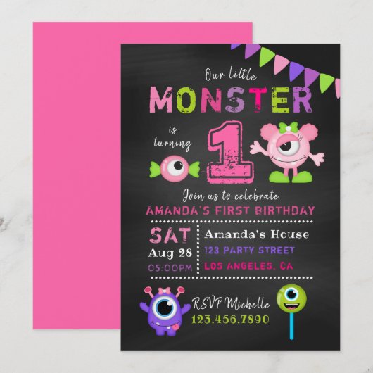 Chalkboard 1st Birthday Little Monster Girl Party Kaart (Voorkant / Achterkant)