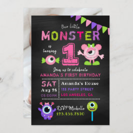 Chalkboard 1st Birthday Little Monster Girl Party Kaart