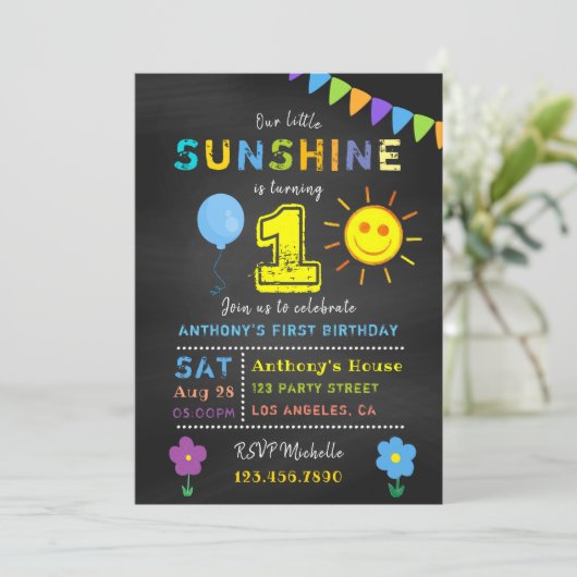 Chalkboard 1st Birthday Little Sunshine Boy Party Kaart (Staand voorkant)
