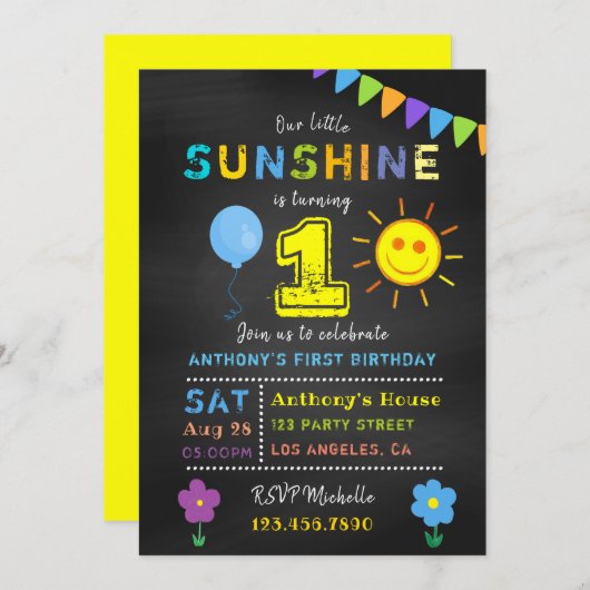 Chalkboard 1st Birthday Little Sunshine Boy Party Kaart (Voorkant / Achterkant)
