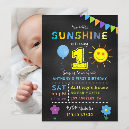 Chalkboard 1st Birthday Little Sunshine Boy Party Kaart (Voorkant / Achterkant)