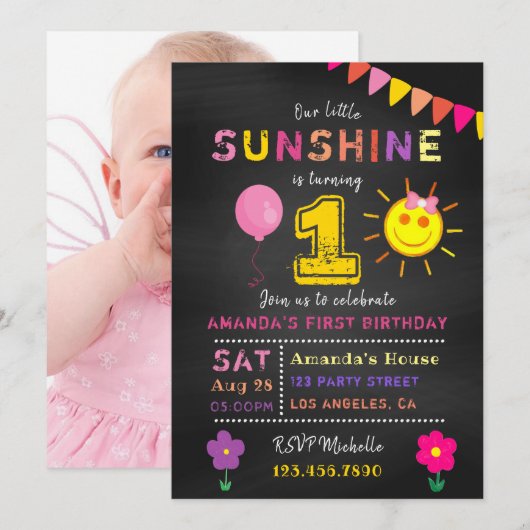 Chalkboard 1st Birthday Little Sunshine Girl Kaart (Voorkant / Achterkant)