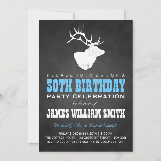 Chalkboard 30th Birthday Party Deer Black Blue Kaart (Voorkant)
