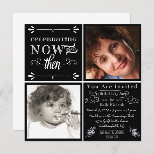 Chalkboard 50th Birthday Square Photo Invitation Kaart (Voorkant / Achterkant)