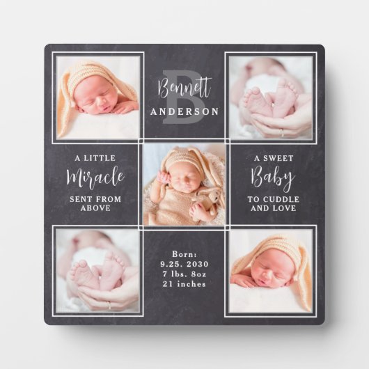 Chalkboard 5 Foto Collage Persoonlijk Nieuw Baby Fotoplaat (Voorkant)