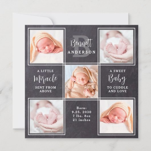 Chalkboard 5 Photo Collage New Baby Stats Birth Bedankkaart (Voorkant)