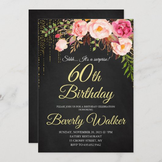 Chalkboard 60e Verrassing Bloemen Vrouwen Verjaard Kaart (Voorkant / Achterkant)