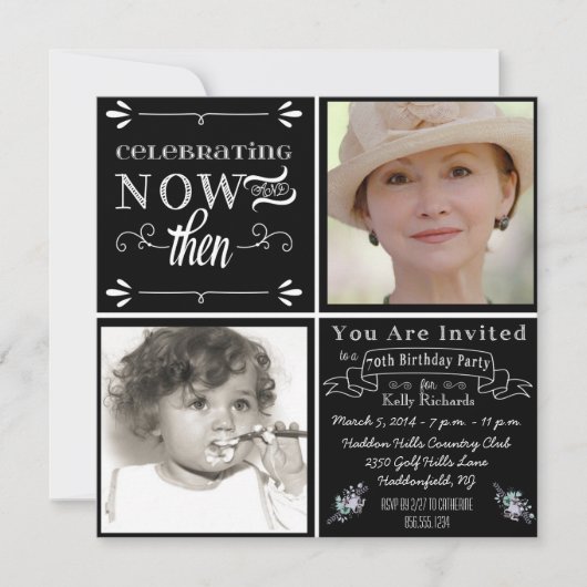 Chalkboard 70th Birthday Square Photo Invitation Kaart (Voorkant)