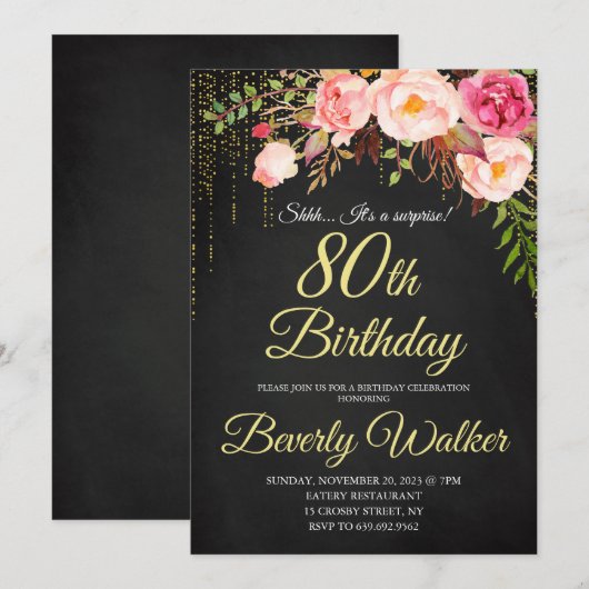Chalkboard 80e Verrassing Bloemen Vrouwen Verjaard Kaart (Voorkant / Achterkant)