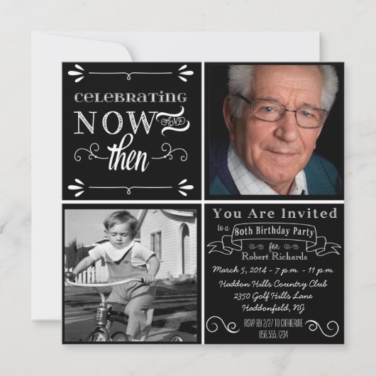 Chalkboard 80th Birthday Square Photo Invitation Kaart (Voorkant)