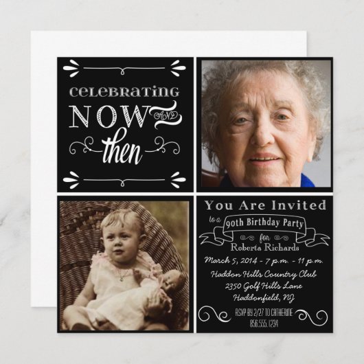 Chalkboard 90th Birthday Square Photo Invitation Kaart (Voorkant / Achterkant)