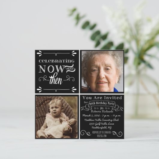Chalkboard 90th Birthday Square Photo Invitation Kaart (Staand voorkant)