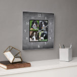 Chalkboard aangepaste fotocollage vierkante klok<br><div class="desc">Aangepaste fotocollage op de achtergrond van het bord. Voeg uw eigen persoonlijke foto's toe om de klok te personaliseren. U hoeft niet alleen vierkante foto's toe te voegen die ook in andere formaten passen. Als je hulp nodig hebt,  kun je contact met me opnemen.</div>