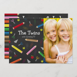 Chalkboard Apple Pencil Crayons Birthday Twins Kaart