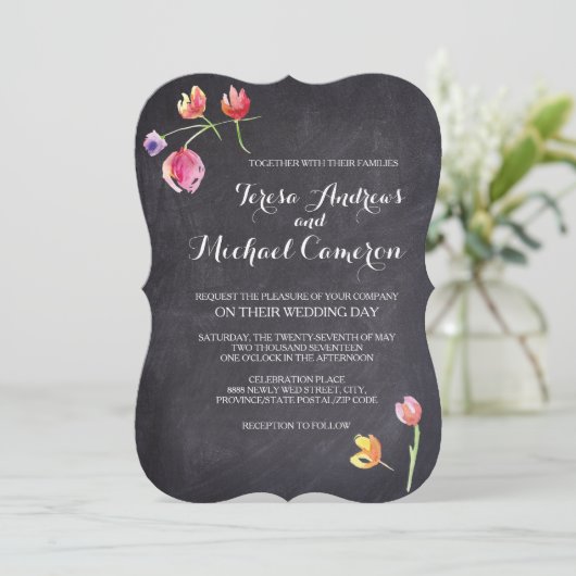Chalkboard Aquarel Bloem Bruiloft Uitnodigingen (Staand voorkant)
