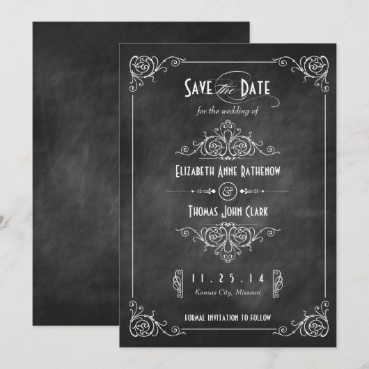 Chalkboard Art Deco Save the Date Cards (Voorkant / Achterkant)