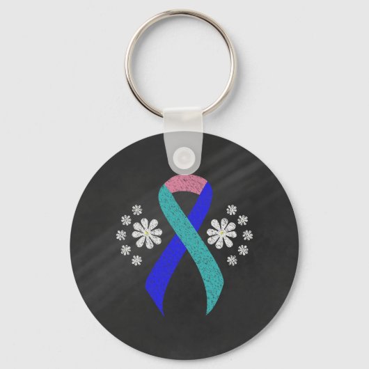 Chalkboard Awareness Blauwgroen/Pink/Blue Ribbon Sleutelhanger (Voorkant)