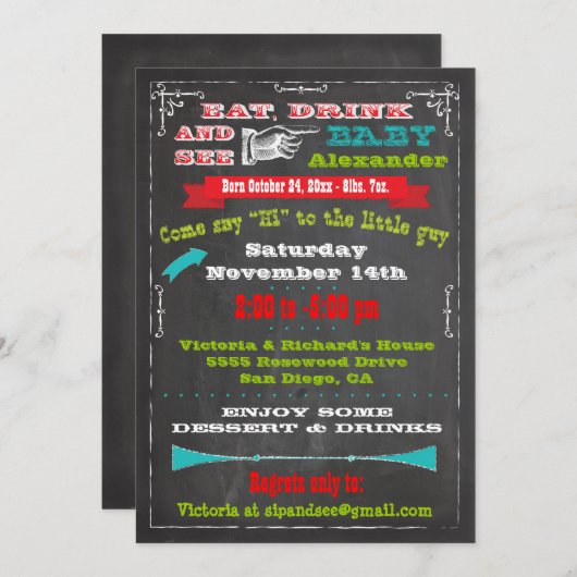 Chalkboard Baby Aankondiging Sip en Zie Uitnodigin (Voorkant / Achterkant)