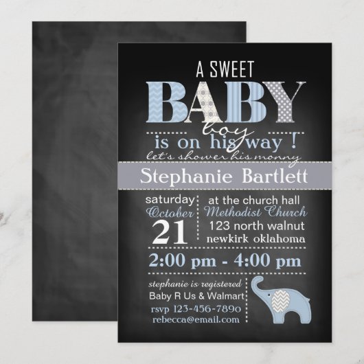 Chalkboard Baby Boy Chevron Uitnodiging (Voorkant / Achterkant)