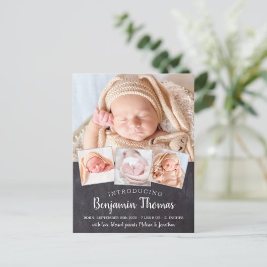 Chalkboard Baby Custom 4 Photo Birth Notice Briefkaart (Staand voorkant)