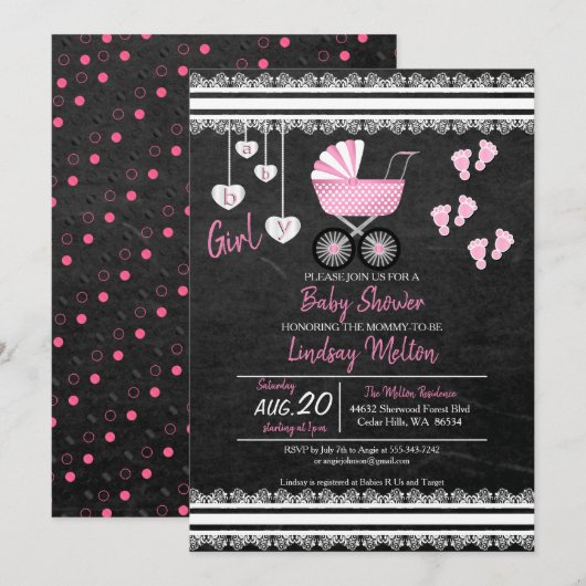 Chalkboard Baby Girl Shower Design Kaart (Voorkant / Achterkant)