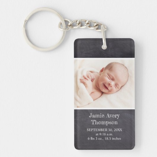 Chalkboard Baby Photo Birth Stats Personalized Sleutelhanger (Voorkant)
