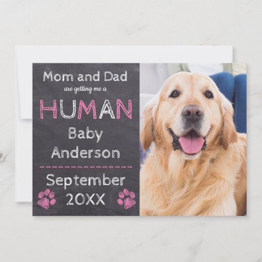 Chalkboard Baby Pink Dog Zwangerschap Aankondiging (Voorkant)
