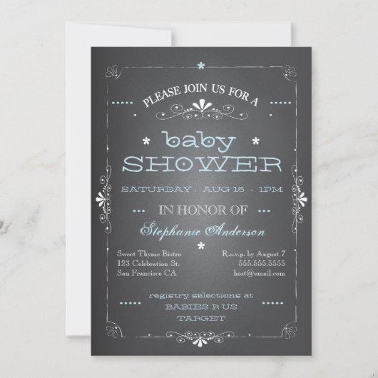  Chalkboard Baby shower Boy Blue Invitation Kaart (Voorkant)