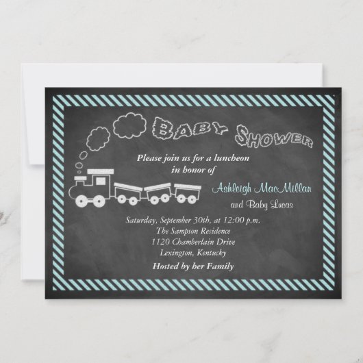 Chalkboard Baby shower Train Invite 2 - Blue Kaart (Voorkant)