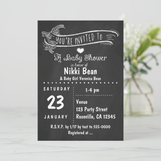 Chalkboard Baby shower Zebra Bow Chic-uitnodiginge Kaart (Staand voorkant)
