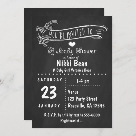 Chalkboard Baby shower Zebra Bow Chic-uitnodiginge Kaart (Voorkant / Achterkant)