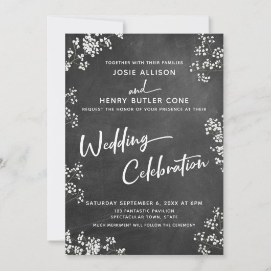 Chalkboard Baby's Breath Bruiloft Viering Kaart (Voorkant)