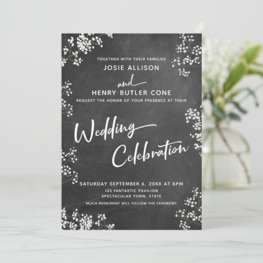 Chalkboard Baby's Breath Bruiloft Viering Kaart (Staand voorkant)