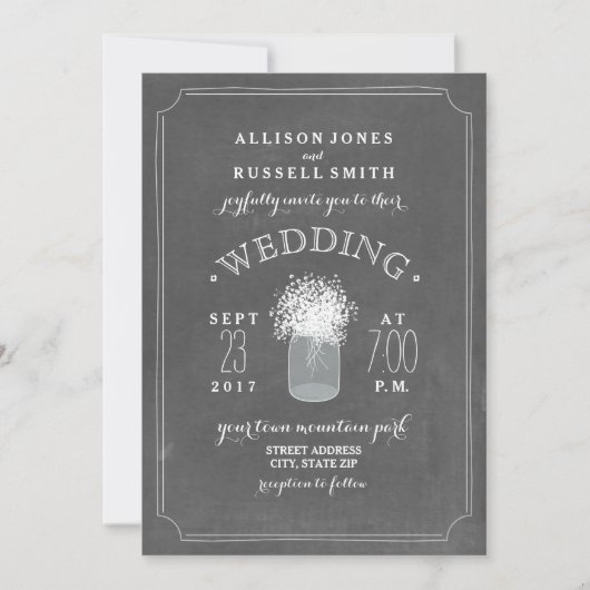 Chalkboard & Baby's Breath Mason Jar Wedding Kaart (Voorkant)
