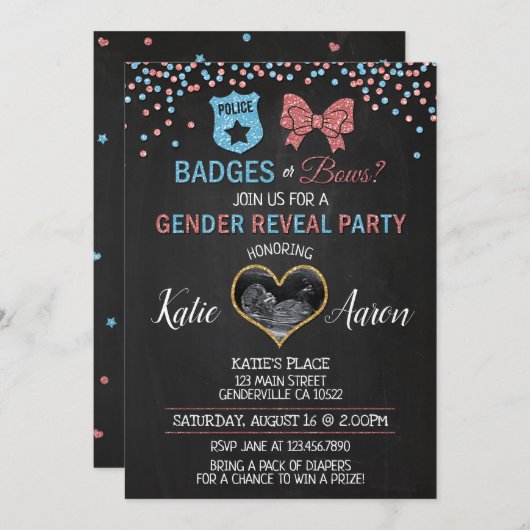Chalkboard Badges of Bows Gender Reveal Kaart (Voorkant / Achterkant)