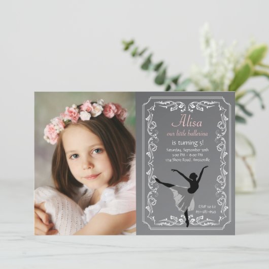 Chalkboard Ballerina Photo Birthday Invitation Kaart (Staand voorkant)