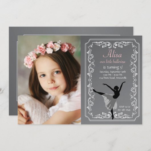Chalkboard Ballerina Photo Birthday Invitation Kaart (Voorkant / Achterkant)