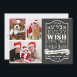Chalkboard Banner Kerstfeestdag 3-fotokaart Feestdagenkaart<br><div class="desc">"MAG UW IEDEREEN DEZE ZEEDZEE WENSEN WAAR WORDEN" — Fun en vrolijk feestelijke kerstfeestelijke groeten met drie foto's op trendy platte kaarten. Rustic chalkboard stijlzwarte achtergrond en elegante retro typografie met familienaam banner en scriptkalligrafiettering. Voeg uw favoriete familiefoto's of huisdieren en de eerste feestdagen van de baby toe en pas...</div>