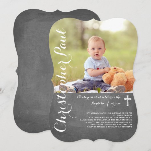 Chalkboard Baptism Photo Invitation Kaart (Voorkant / Achterkant)