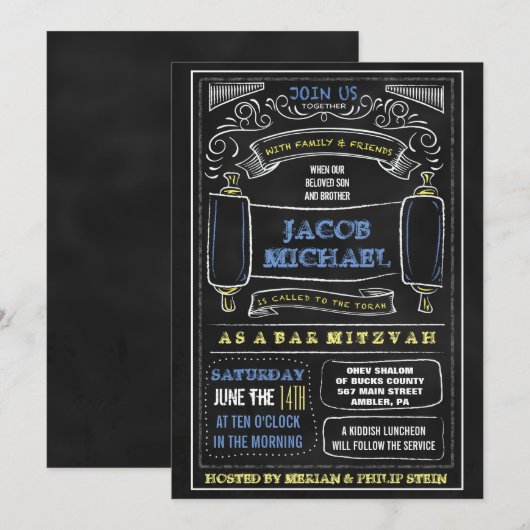 CHALKBOARD Bar Bat Mitzvah Uitnodiging (Voorkant / Achterkant)