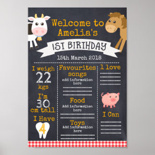 Chalkboard Barnyard Milestone 1st Birthday Poster