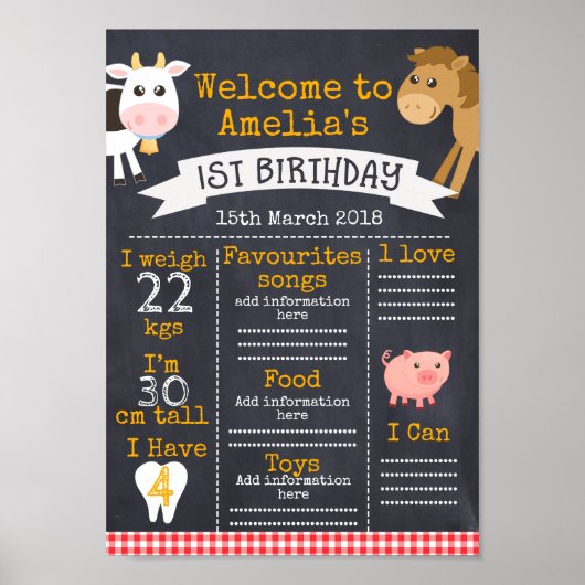 Chalkboard Barnyard Milestone 1st Birthday Poster (Voorkant)