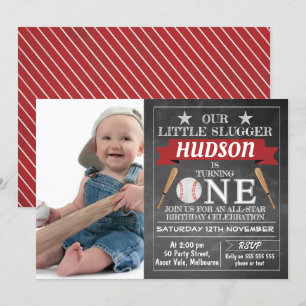 Chalkboard Baseball 1e verjaardag Uitnodiging