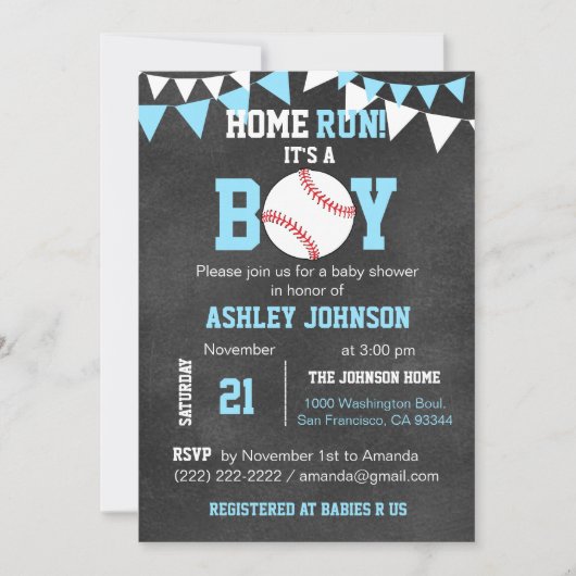 Chalkboard Baseball Baby Shower-uitnodigingen - Bl Kaart (Voorkant)