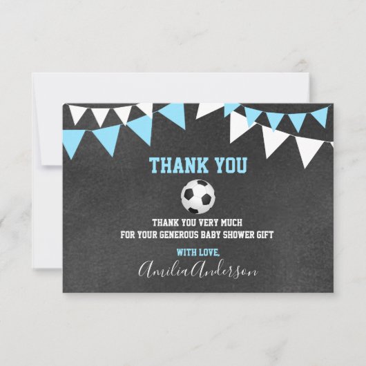 Chalkboard BEDANKT U Blue SOCCER BOY baby shower (Voorkant)