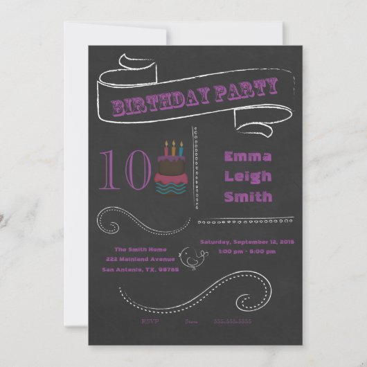 Chalkboard Birthday Invitation Paars; dubbele cijf Kaart (Voorkant)