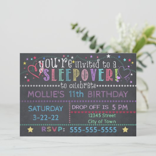 Chalkboard Birthday Sleepover Kaart (Staand voorkant)