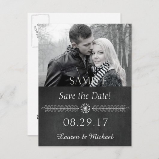 Chalkboard Black en White Save the Date Aankondigingskaart (Voorkant / Achterkant)