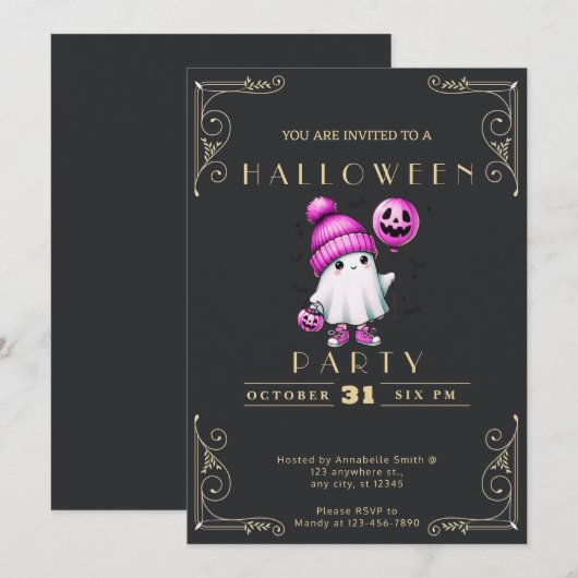 Chalkboard Black & Gold Ghost Pet Bats Halloween Kaart (Voorkant / Achterkant)